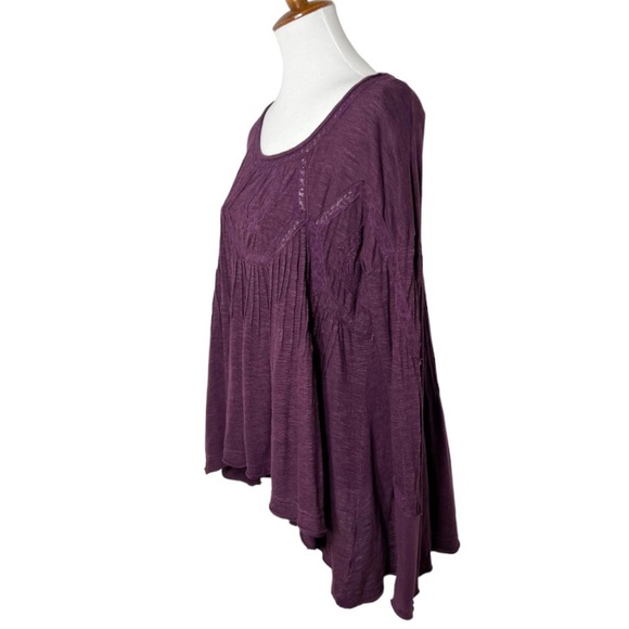 Free People Lace Embroidered Pintuck Pleated High Low Purple Knit Tunic Tee S - Picture 8 of 14